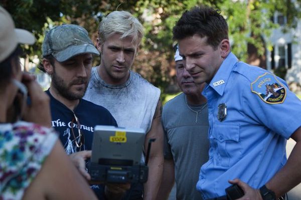 Derek Cianfrance on the set of The Place Beyond The Pines with Ryan Gosling and Bradley Cooper